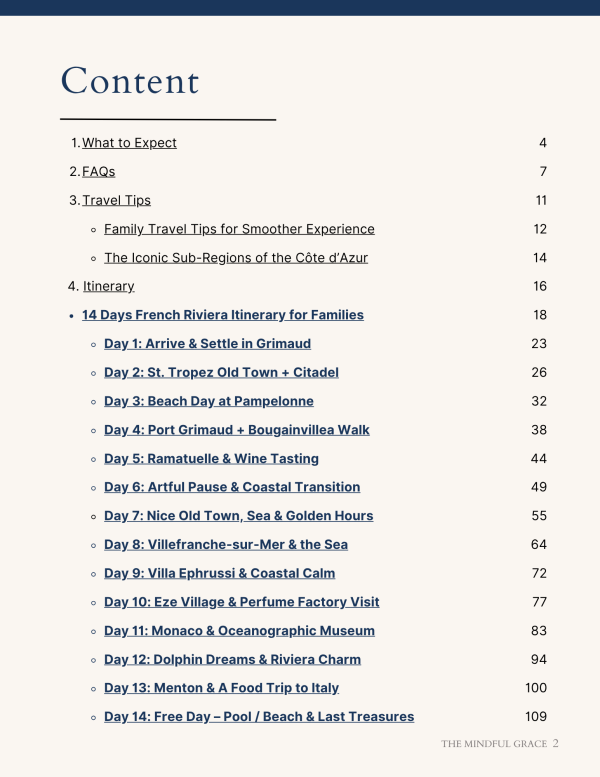 French Riviera family table of contents
