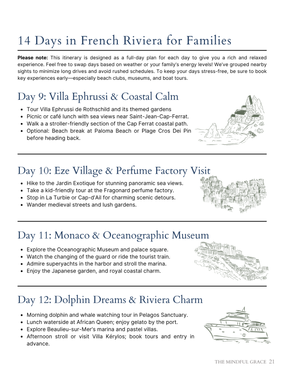 French Riviera family itinerary sample page with itinerary