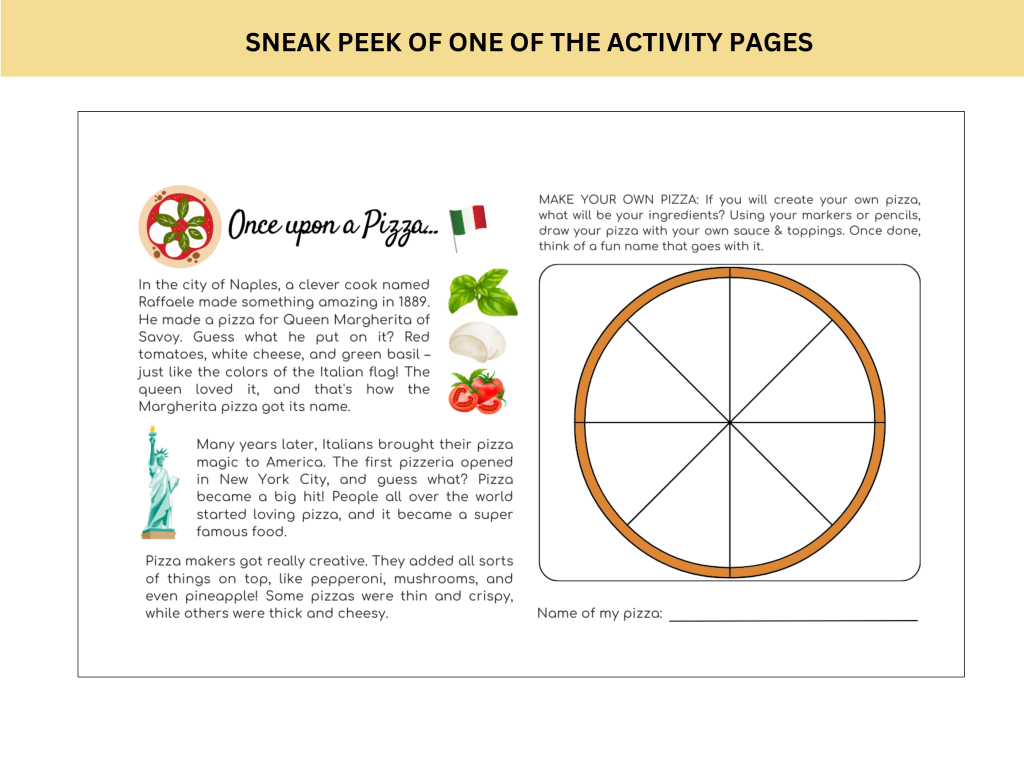 Sample page of "Once Upon a Pizza" activity page from our kids travel journal