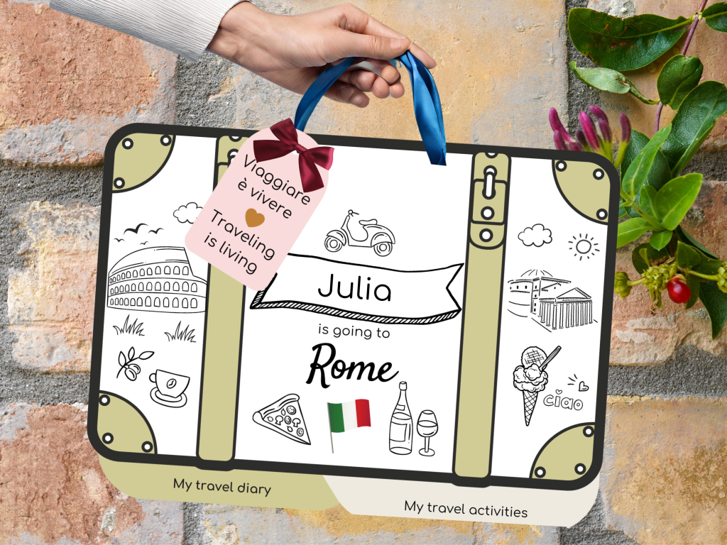 Sample cover page of kids travel journal featuring Rome activities
