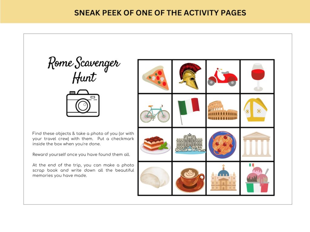Sample page of "Rome Scavenger Hunt" page from our kids travel journal