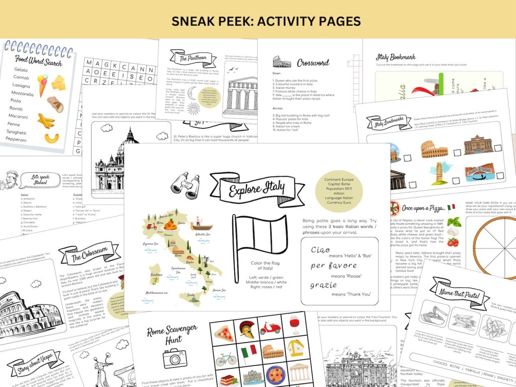 Sample pages of kids travel journal featuring Rome activities