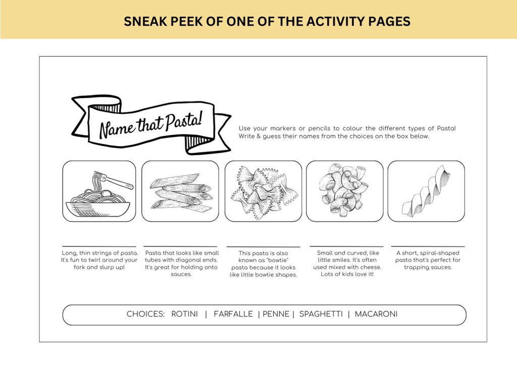 Sample page of "Name That Pasta" activity page from our kids travel journal