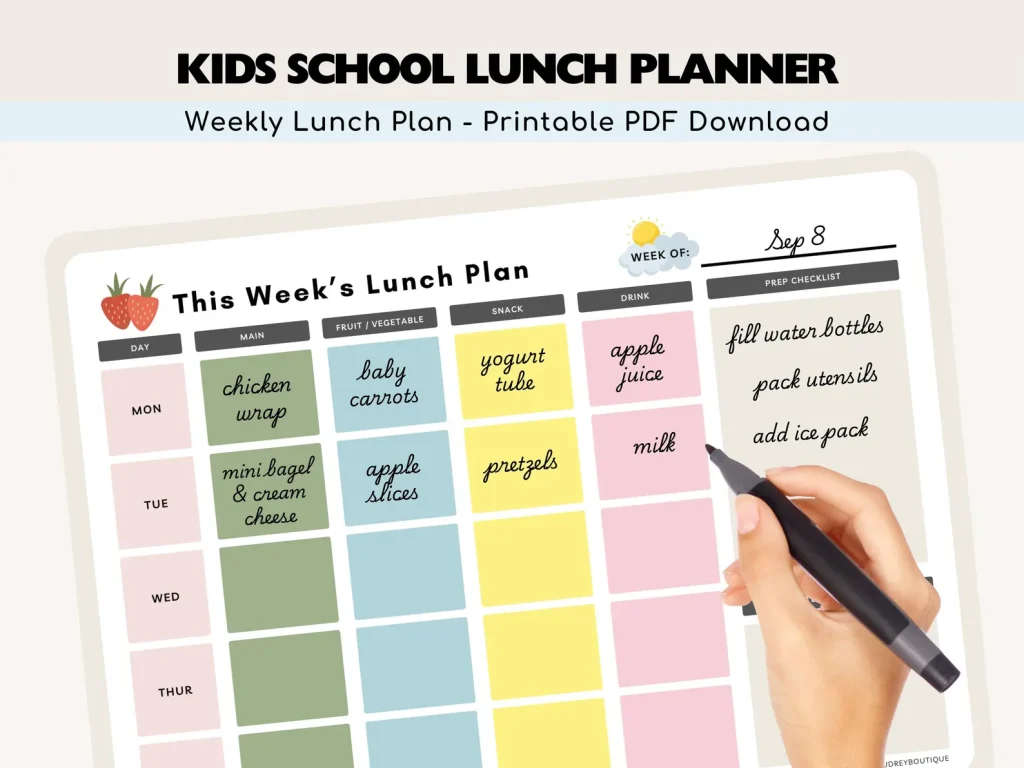 Colourful Weekly Lunch Planner