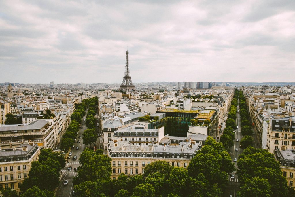 Stunning aerial view of Paris with the iconic Eiffel Tower surrounded by historic architecture.