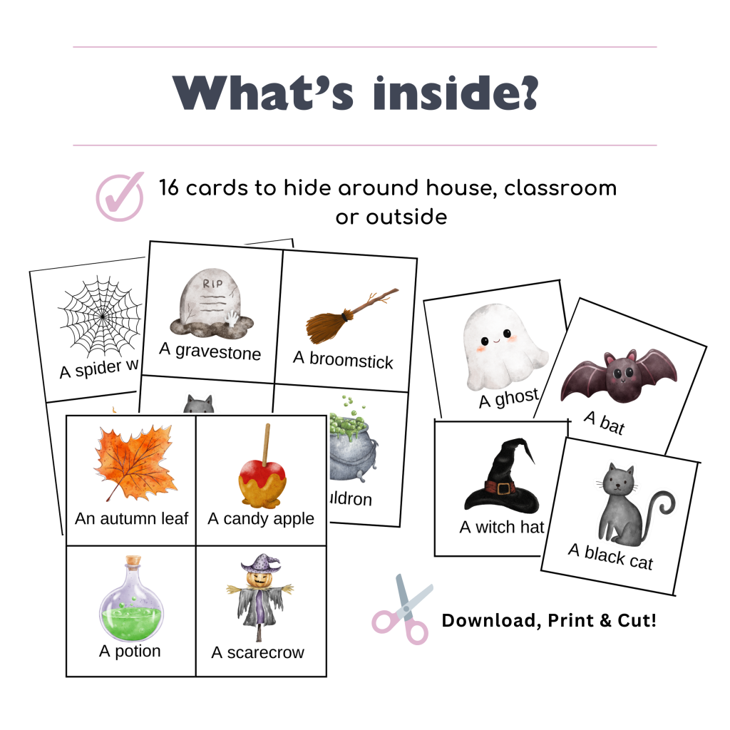 What's inside? Printable Halloween Scavenger Hunt clue cards for kids – indoor and outdoor game