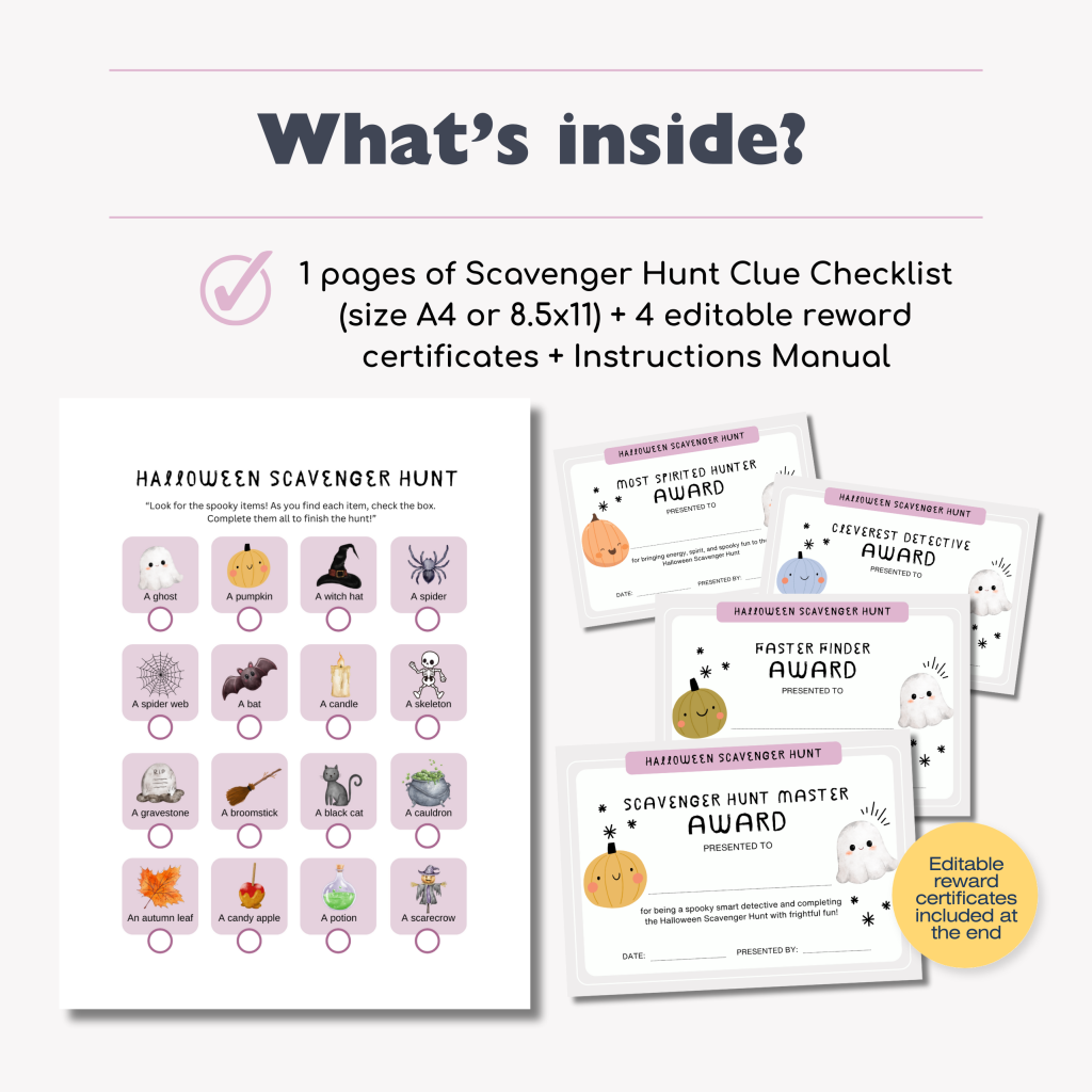What's inside the PDF? Printable Halloween Scavenger Hunt clue cards for kids – indoor and outdoor game